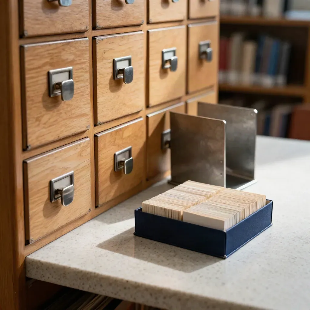 Szufladki biblioteczne, zamknięty katalog, bookend i pudełko fiszek na jasnym kamieniu.