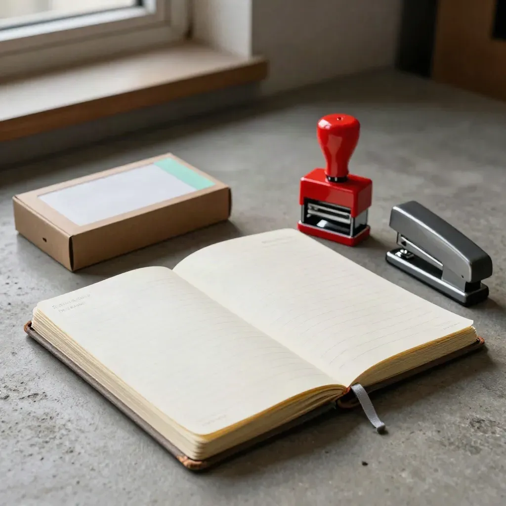Zestaw nauczyciela: planner, stempel, zszywacz i pudełko fiszek na betonie.